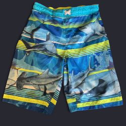 Blue and yellow shark swim trunks 