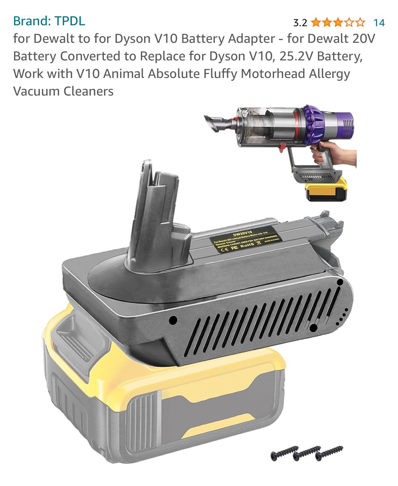 Dyson V10 Handheld Vacuum Cleaner To Dewalt 20V Battery Adapter