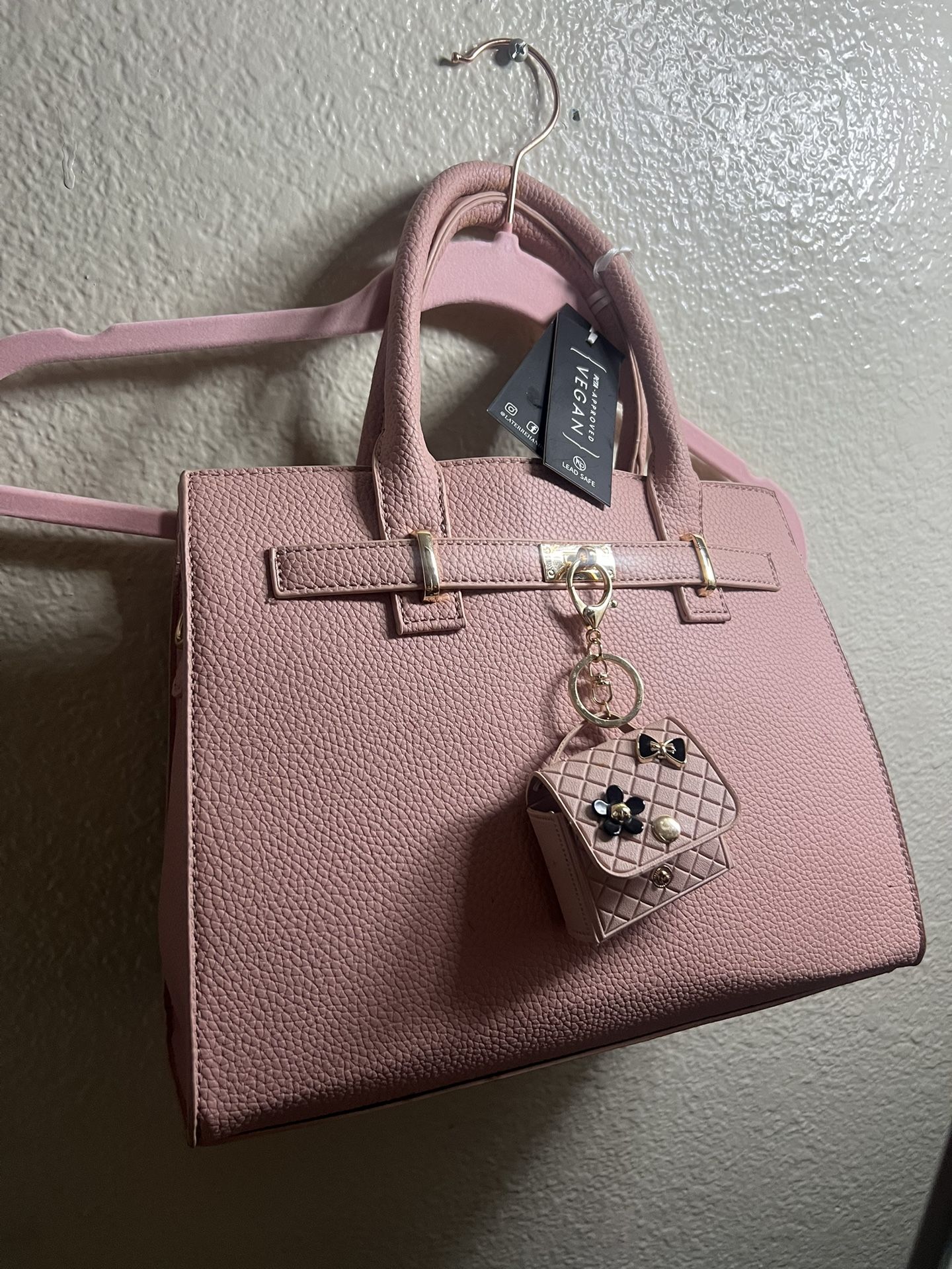 Large Faux Hermes Pink Bag With Mini Keychain