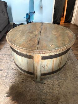 Rustic Round Barrel Storage Coffee Table