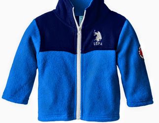 US - Polo Association Baby Boys Fashion Outerwear Blue Jacket-2-Tone • Size -6/9 M • Fleece-Lined Thick Plush • Front Zipper Secure With Hat Standing 