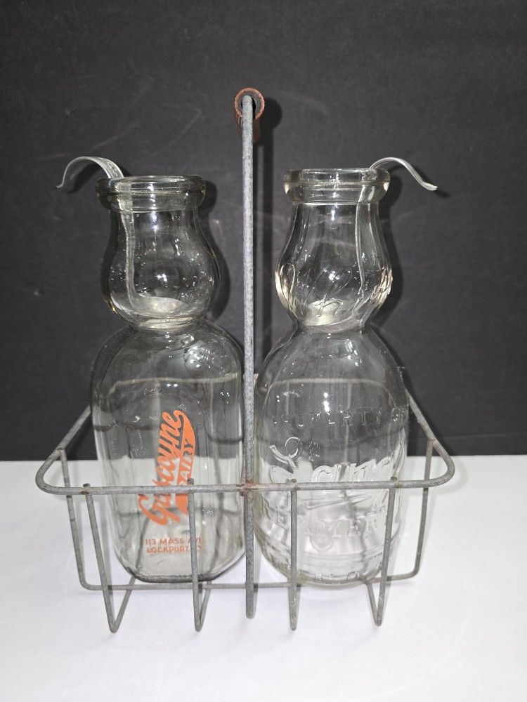 Antique Cream Top Milk Bottles With Carrier And Spoons