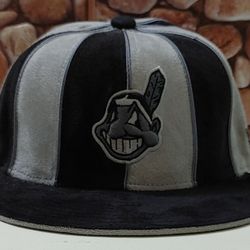 Cleveland INDIANS Size 7 1/8 New Era 59 FIFTY "12 PANEL SUEDE" Black And Gray W/Hypersilver Piping Hat (NWT) BANNED LOGO!💣Please Read Description