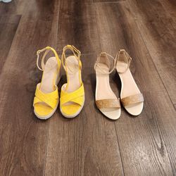 2 Ann Taylor summer sandals, size 7M, Yellow Espadrille Wedge Sandals & Cork Ankle Strap Flat Sandals, clean and great condition