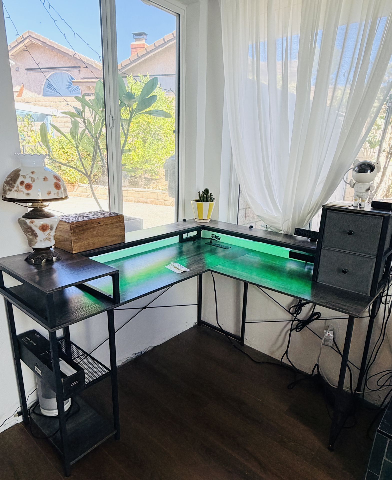 L Shape Corner Desk. 2 Tier. Built In Outlets And LED