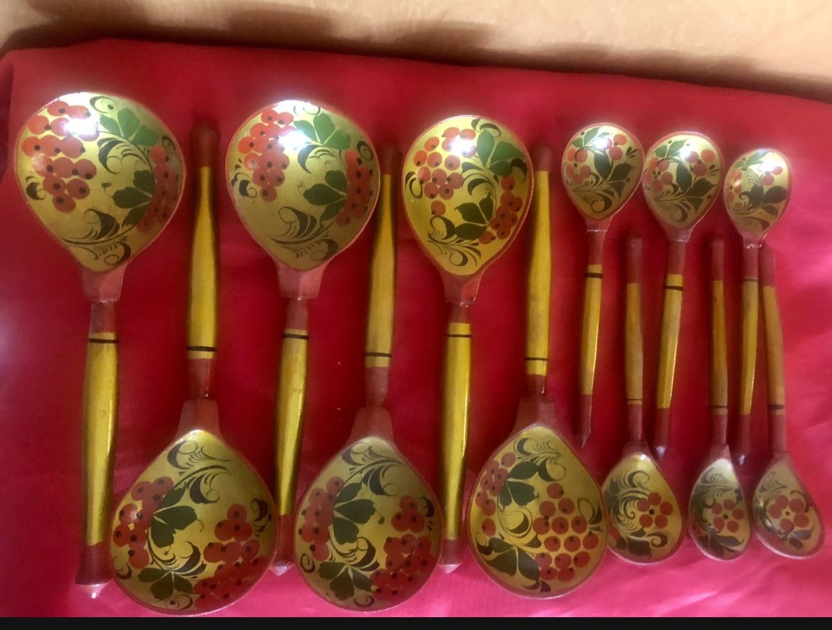 12 Vtg Khokhloma Russian Folk Art Painted Wooden Spoons...