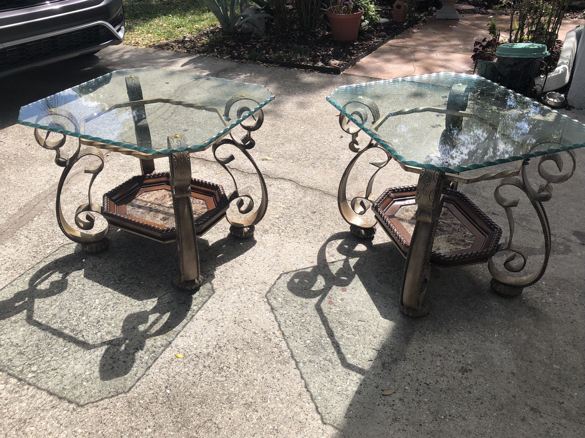 Lyra bronze end tables & coffee table glass