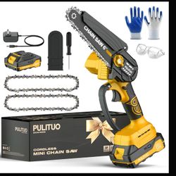 PULITUO Mini Chainsaw Cordless, 6 Inch Battery Powered Chainsaw, Small Electric Hand Saw for Wood Cutting, Tree Trimming, Yard Work, Garden Tools Gift