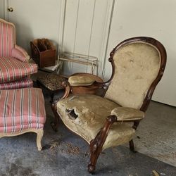 Antique Upholstered Buttonback Victorian Rococo Torn Damask