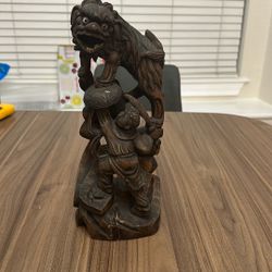 Chinese Hand Carved Wooden Fu Dogs Statue