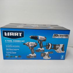 Hart 4 Tool Combo Kit Includes 2 Batteries, Rapid Charger And Storage Bag. NEW. 