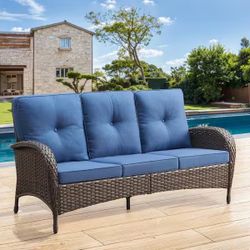 Rotavia Brown PE Wicker 1-Piece Outdoor Couch with Blue Olefin Thick CushionGuard Cushions 3-Seat Patio Sofa