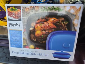 New Parini Cookware Non-stick Stoneware Deep Baking Dish with Lid Blue. Brand new