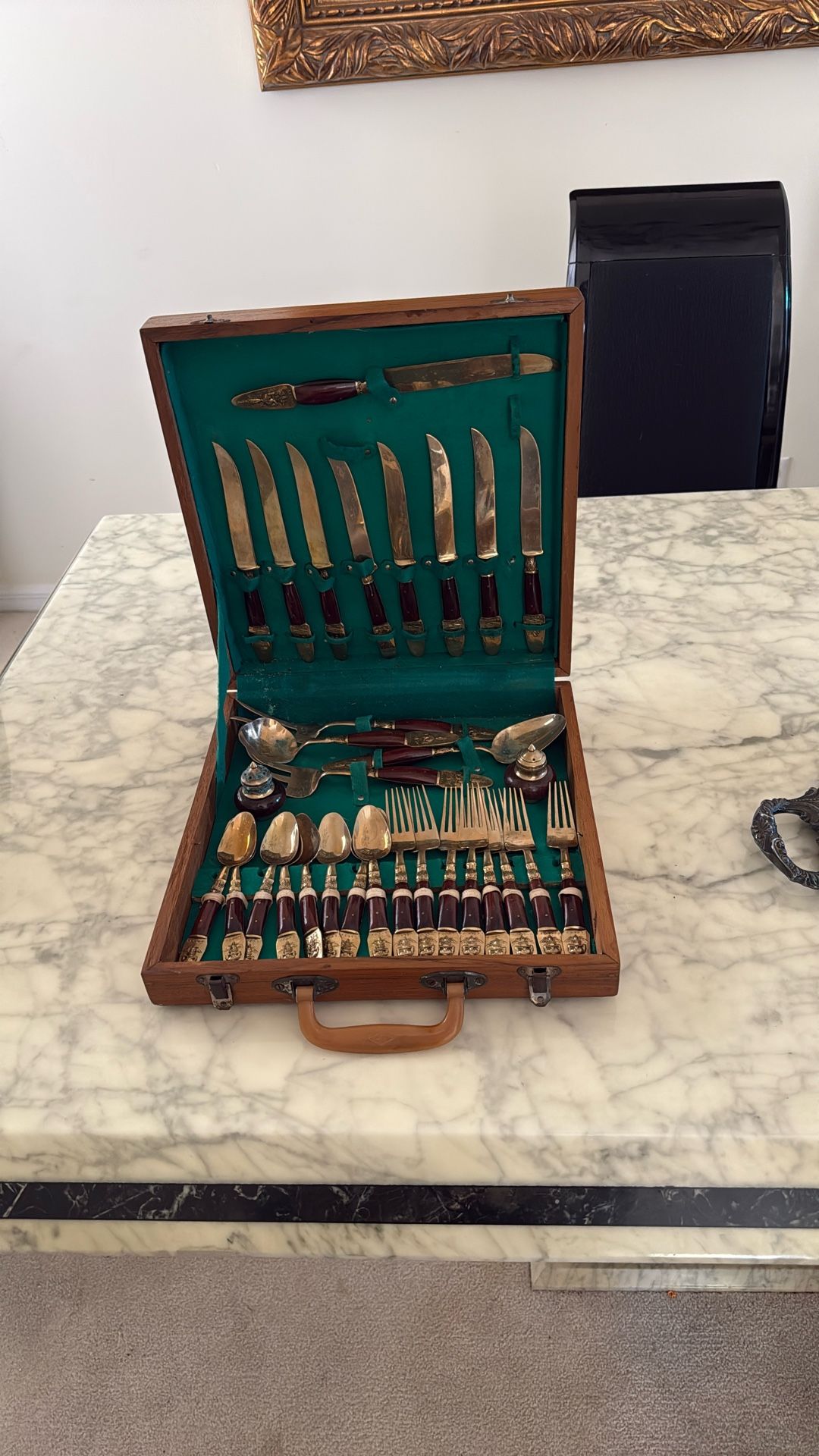 Vintage S. Samran Thailand Co. Bronze Cutlery Set 31 Pieces in Wood Box