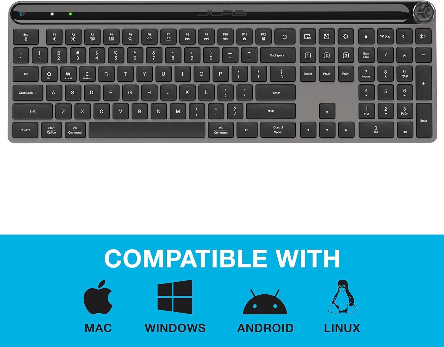 Epic Wireless Keyboard, Black, 108 Keys, Connect Via Bluetooth or USB Wireless Dongle, Multi-Device Toggle, Soft Touch Keys, Smart Media Knob, Custom 