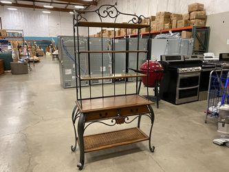 French Country Style Fruitwood and Wrought Iron 2 Drawer Bakers Rack with Rattan and Glass Shelves