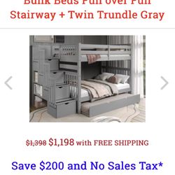 Solid Wood Bunk Beds Full over Full Stairway + Twin Trundle Gray