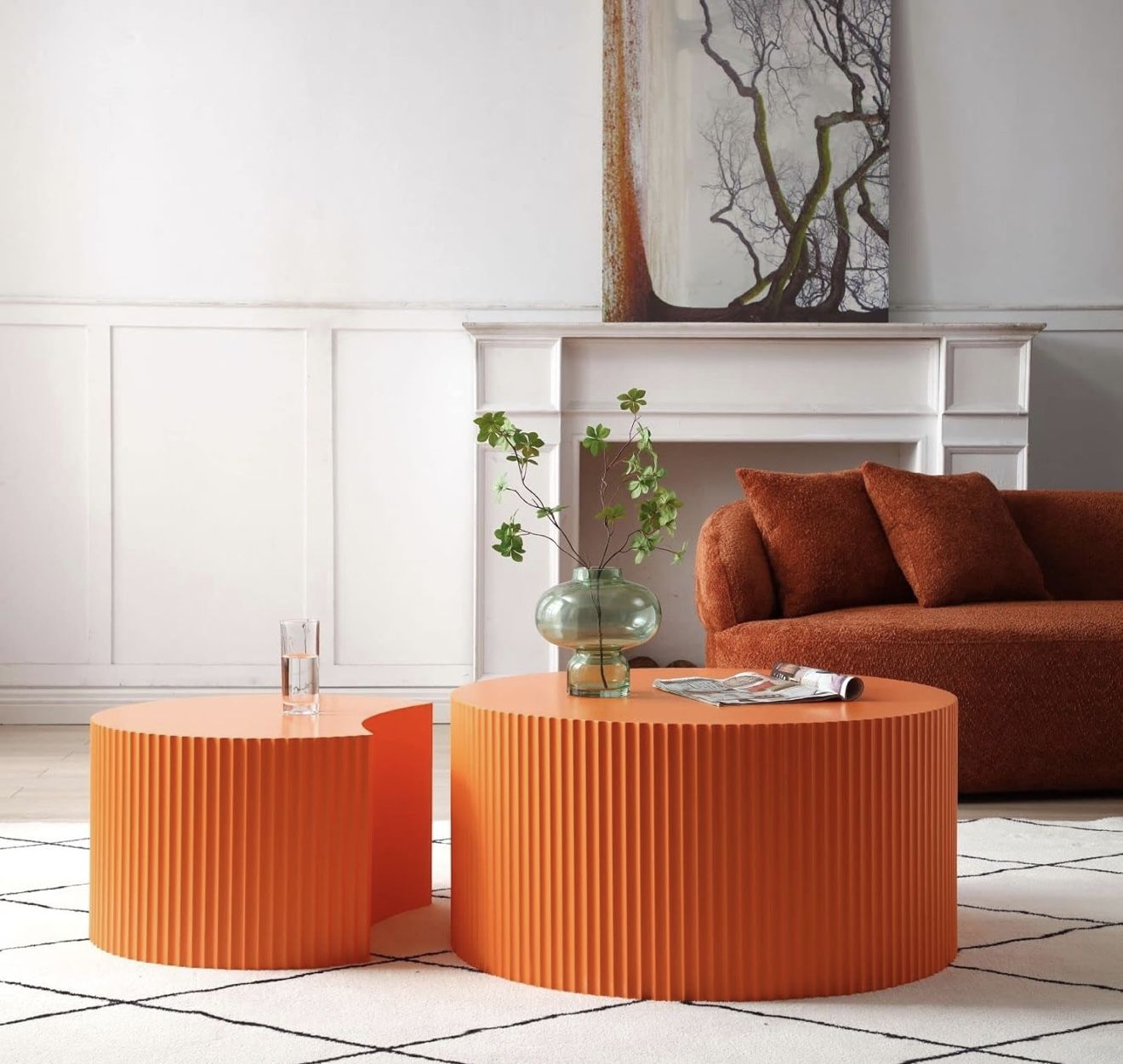 31.5” Nesting Coffee Table Set (2 pcs) Orange, round + half-moon shapes