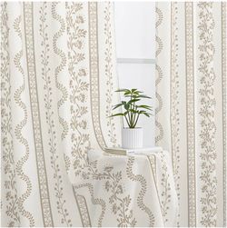 Beige Cream and Taupe Neutral Floral Farmhouse Curtains, Vintage Antique Botanical Pattern Sheer Natural Fabric Linen Drapes for Living Room Bedroom D