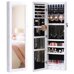 Jewelry Armoire Organizer, LED Jewelry Cabinet Wall/Door Mounted, Lockable Wavy Mirror with Storage, Crushed Diamonds Mirror Full Length,Door or Wall 