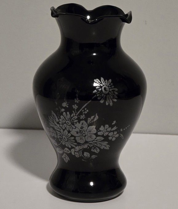 Vintage Black Amethyst Glass 6” Vase W Silver Floral Bouquet Overlay Decor