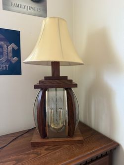 Vintage Oak & Etched Glass Table Lamp – Needs Repair