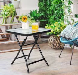 Black Folding Outdoor Side Table with Glass Top