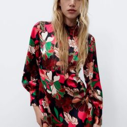 Zara patterned long-sleeve mini dress