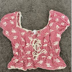One Clothing Red and White Gingham Lace-Up Blouse
