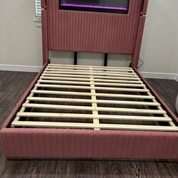 Modern Queen/King Bed Frame with Tall Headboard & Electric Fireplace Feature