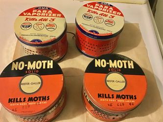 4 Vtg. Metal Moth Killer Lidded Tins Brooklyn Company 1940s Advertising Collectible