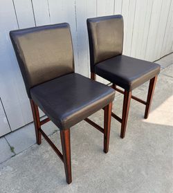 PAIR- Chocolate Brown Faux-Leather Counter-Height Chairs / Bar Stools / Counter Stools – Wood Frames