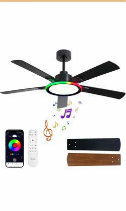 52" Ceiling Fans with Lights, Bluetooth Ceiling Fan with Speaker, 6-Speed Reversible Motor, Full-Spectrum Adjustable Lighting, Edge Ambient Lights,Low