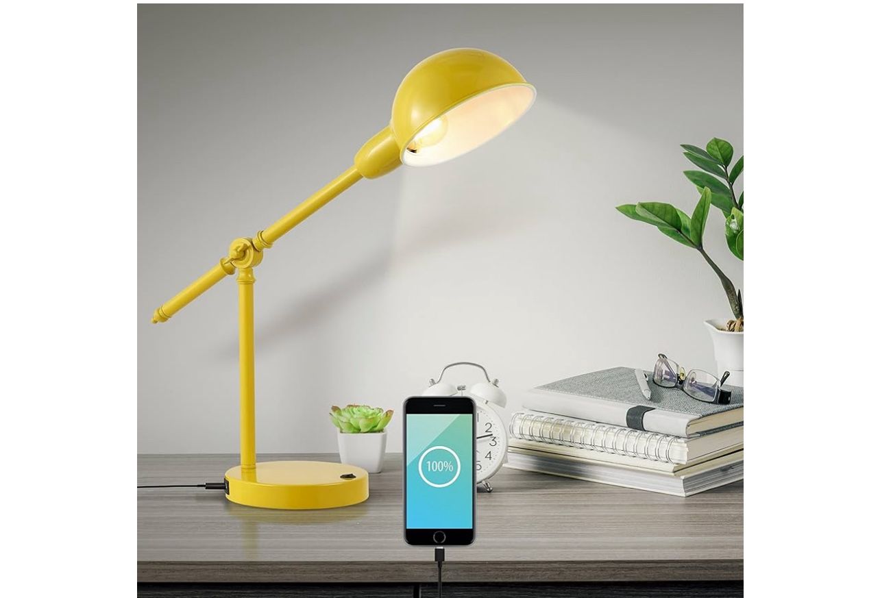 JONATHAN Y JYL7123C Curtis 20.25" Iron Adjustable Dome Shade LED Task Lamp, USB Charging Port, Classic, Coastal, Industrial, Vintage, Farmhouse, Tradi