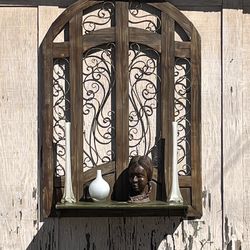 Large Arched Tuscan Style Wall Decor w/ Shelf – Wrought Iron & Wood – Upcycled Statement Piece 55”  ⸻  Description (copy/paste)  This is a large decor