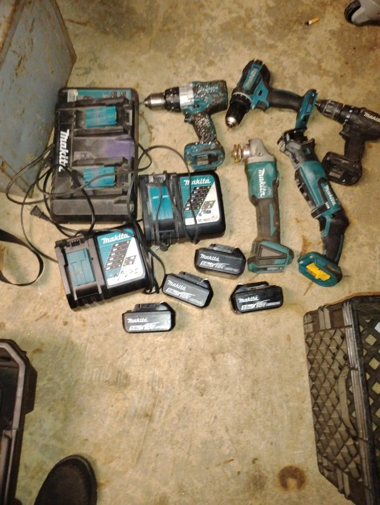 Makita Tool Set Four Batteries Double Charger To Regular Chargers Sawzall Grinder Concrete Drill Two Metal Drills