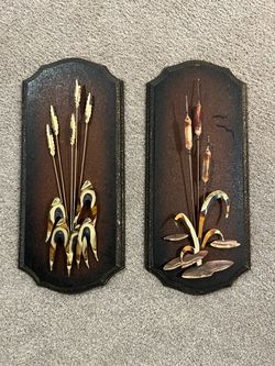 Set of Two Vintage Mid Century Wood and Brass Cattails and Grass 3D Wall Plaques, Home Decor