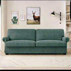 70.9”W 3-Seater Couch, Linen Fabric Upholstered Loveseat Sofa with Removable Cushion Covers and Round Armrest, Green