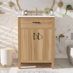 Assembled New 24” Natural Bathroom Vanity with Ceramic Basin and Countertop Solid Wood Frame 