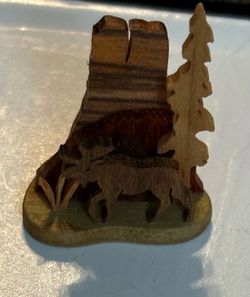 Miniature Handcrafted Wooden Moose Scene - Tiny Diorama