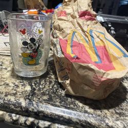 Vintage Collection Mickey Mouse Glass Cup With Org McDonald’s Bag