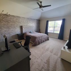 Grey Tufted Bed Set With Night Stands And Computer Desk