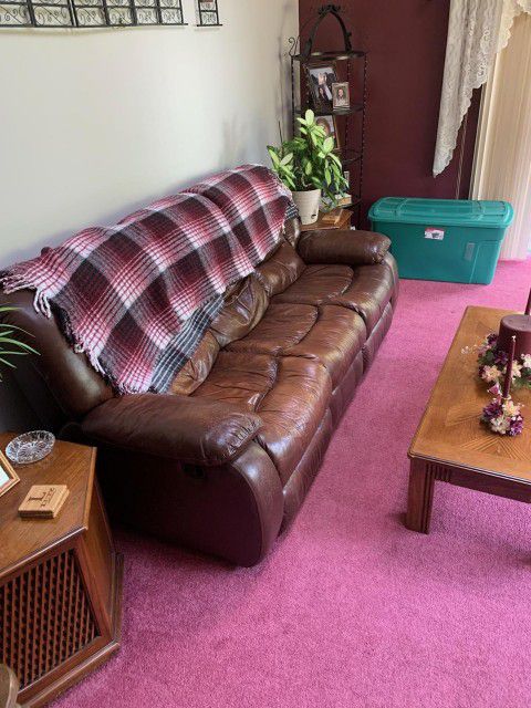Brown Leather Couch With 2 Recliner's One On Each End 