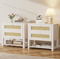 Set of 2 white nightstands with rattan drawers and open bottom shelf