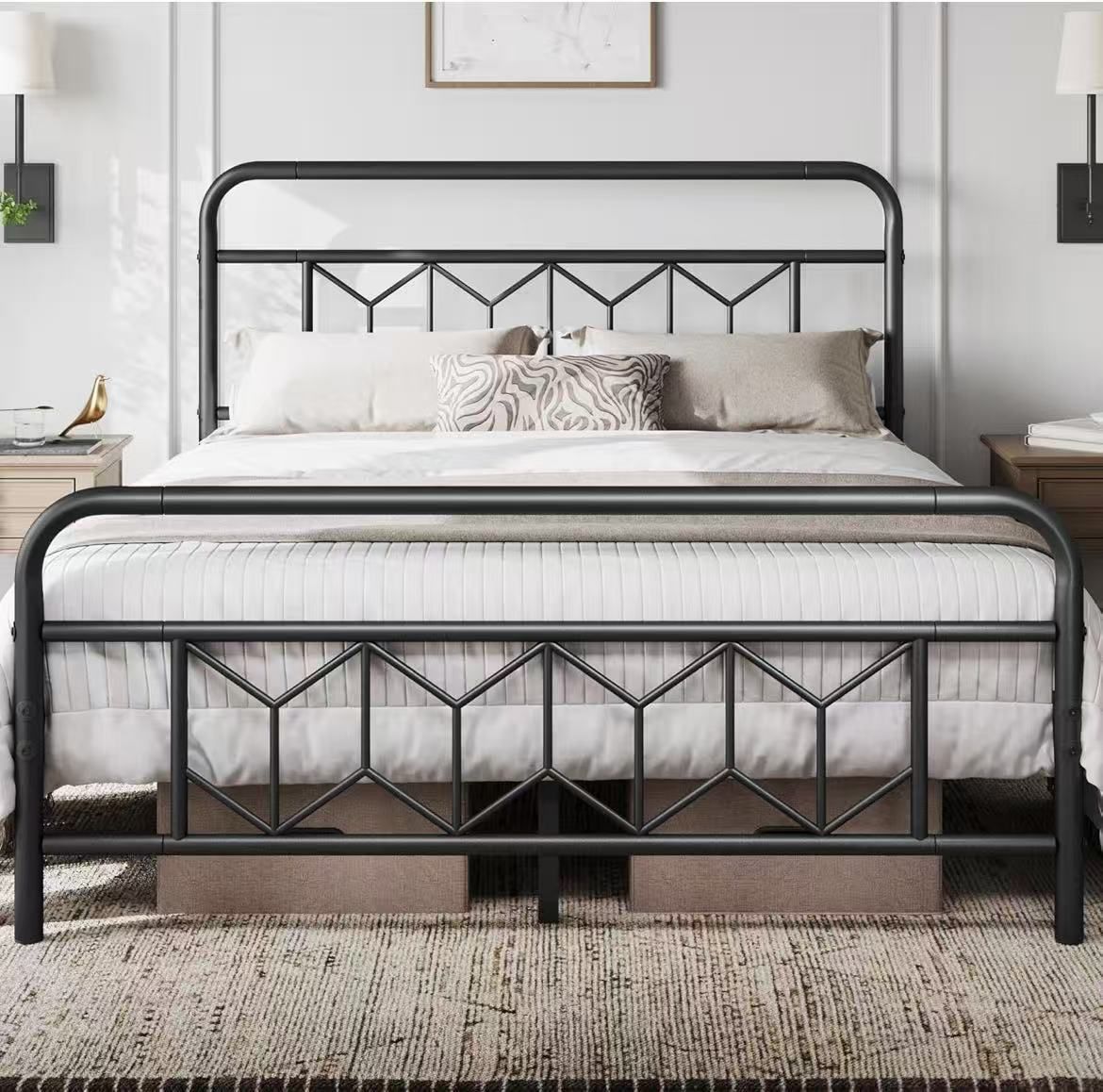 Metal platform mattress base with diamond pattern headboard, Queen size,