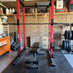 Ethos Power Rack 1.0 with Bumper Plate Set, Adjustable Bench, Curl Bar And Weight Tree
