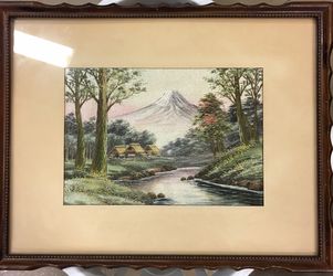 Vintage Japanese embroidered silk thread mountain scene