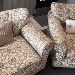 Tan/Grey Paisley Retro Vintage Sofa Arm Chairs (2)