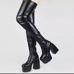 Nakedwolfe  Hells Dupe Thigh High Leather Boots For Thick Legs Size 7 1/2- 8