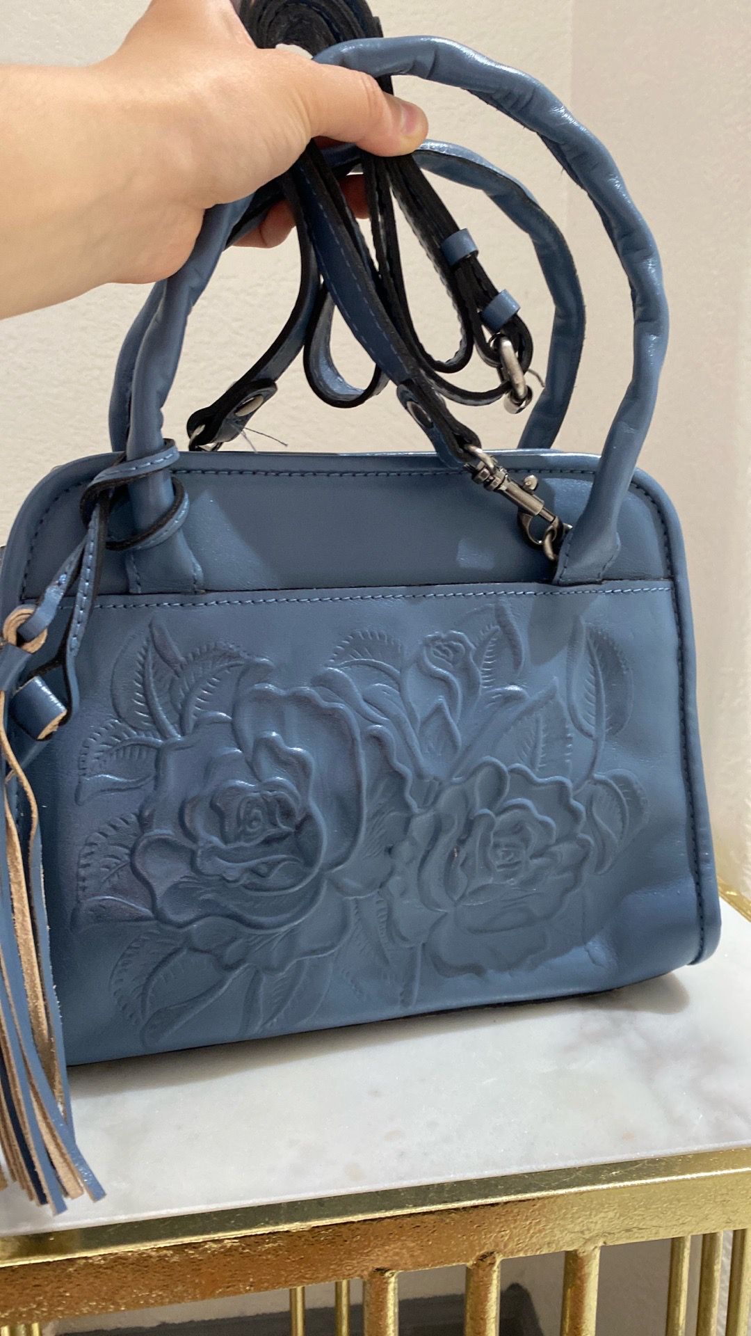 Patricia Nash blue leather floral embossed satchel handbag